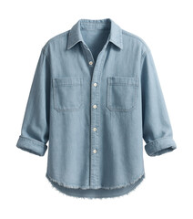 Lightweight denim beach shirt featuring a frayed hem and patch pockets.