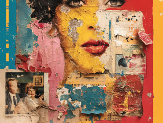 Vintage poster art with layered torn paper collage featuring a fragmented portrait of a woman. Urban decay through mixed media textures.