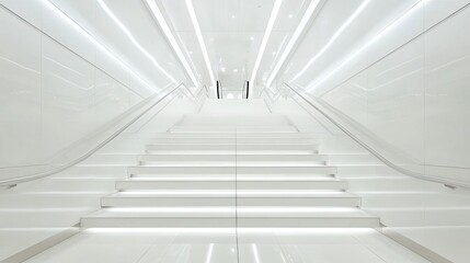 Obraz premium Luminous Ascent: A Gleaming White Staircase in a Futuristic, Symmetrical Interior