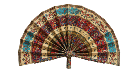 Ornate hand fan with intricate patterns isolated on white background , transparent png