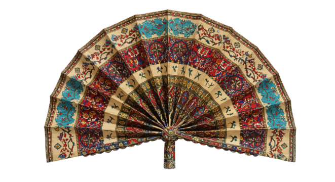 Ornate hand fan with intricate patterns isolated on white background , transparent png