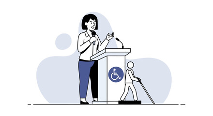 A woman speaks at a podium with a disability symbol, while a person with a cane walks by.