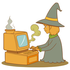 Witch typing on vintage computer with magic smoke, retro Halloween illustration in old comic style with elegant shapes, minimal color palette, and playful design
