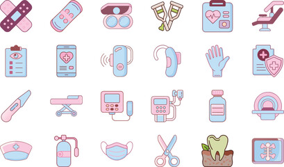 Modern Flat Medical and Healthcare Icon Collection in Soft Pink and Blue Colors – Hospital and Clinic Equipment, Doctor and Nurse Tools, Health Devices, Pharmacy Symbols, Emergency Kit, Vaccine Bottle