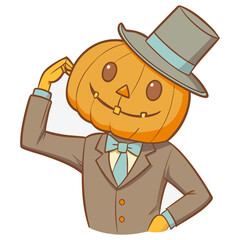 Pumpkin-headed gentleman tipping hat, retro Halloween character illustration in vintage comic style with clean vector shapes and dramatic lighting
