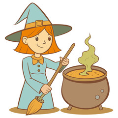 Retro cartoon witch stirring magic potion, vintage Halloween illustration in comic style with bold lines, simple color palette, and expressive character design
