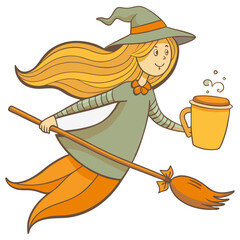 Witch flying on broom holding coffee cup, modern Halloween character illustration in vintage comic style with expressive motion lines and balanced composition
