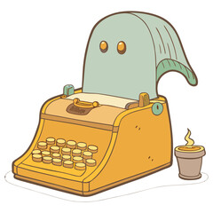 Haunted typewriter typing ghostly message, minimal retro Halloween vector illustration with simple shapes and conceptual spooky design
