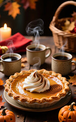 Pumpkin Pie. A close-up of a fragrant pumpkin pie with a golden crust, topped with whipped cream and cinnamon. Cups of coffee, autumn leaves, and mini pumpkins are nearby.