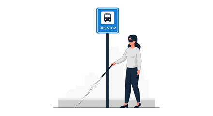 A visually impaired woman wearing dark glasses and using a white cane stands at a bus stop sign, indicating her journey and reliance on public transportation.