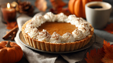 Pumpkin Pie. A close-up of a fragrant pumpkin pie with a golden crust, topped with whipped cream and cinnamon. Cups of coffee, autumn leaves, and mini pumpkins are nearby.