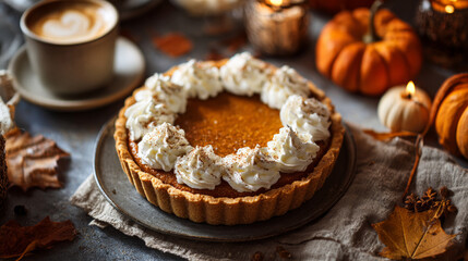 Pumpkin Pie. A close-up of a fragrant pumpkin pie with a golden crust, topped with whipped cream and cinnamon. Cups of coffee, autumn leaves, and mini pumpkins are nearby.