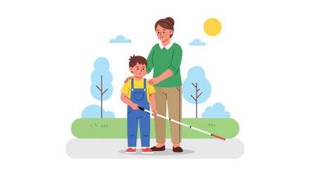 A kind woman gently guides a young boy with a white cane through a sunny park, symbolizing support and accessibility.