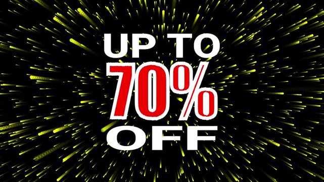 Eye catching up to 70% off sale promotion with dynamic yellow rays in 4K resolution. Ideal for Black Friday, holiday sales, shopping promos, ecommerce and marketing discount