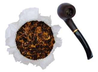 Tobacco Wrapped in White Paper in a Round Box. Blend of Cured Tobacco Leaves. Classic Bent Smoking Pipe. Isolated.