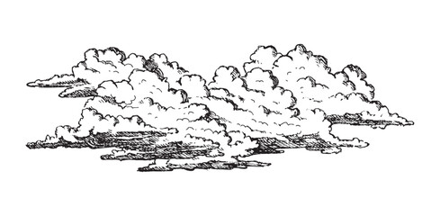 Set of clouds in hand drawn vintage retro style isolated on white background. Cartoon design elements. Vector illustration.	