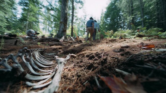 Close up view of an animal skeleton resting on the forest floor, with a team of paleontologists working in the background during an archaeological excavation on a sunny day