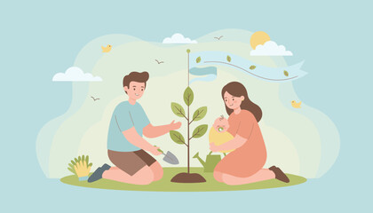 Happy family plants a tree with baby symbolizing new life growth and environmental care