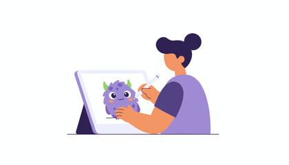 Illustrator creates a cute monster character on a digital tablet Digital art  graphic design concept