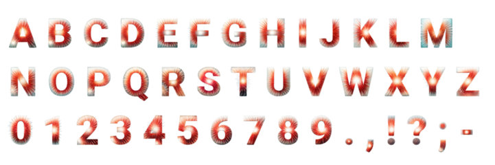 Bright, explosive fireworks form a complete alphabet, numbers, and symbols, perfect for festive graphic design and celebratory messages 