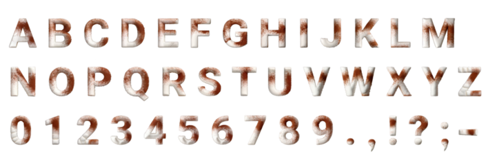 Delicious cocoa-dusted white letter and number set with punctuation on a transparent background. Perfect for confectionery, educational, or creative projects.