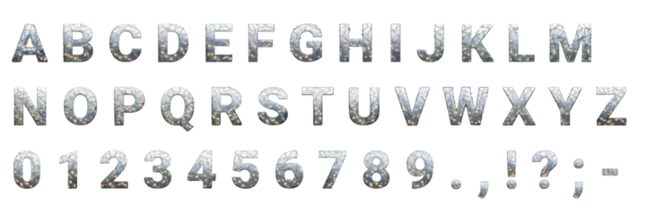 Complete alphabet, numbers, and punctuation in shiny metallic silver with glowing fairy lights