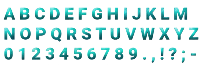 A vibrant, 3D rendered alphabet, numbers, and punctuation set in cracked turquoise texture