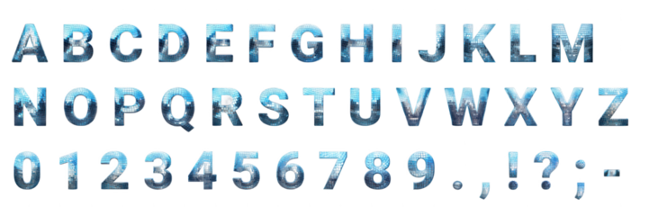 Full uppercase alphabet, numbers, and punctuation in a sparkling blue disco ball style. Isolated on transparent, ideal for retro party or music-themed designs.