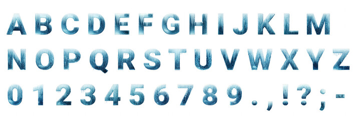 A full set of icy blue alphabet letters, numbers, and punctuation, rendered with frost and icicles on a transparent background, perfect for winter designs.