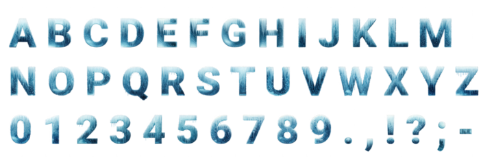 A full set of icy blue alphabet letters, numbers, and punctuation, rendered with frost and icicles on a transparent background, perfect for winter designs.