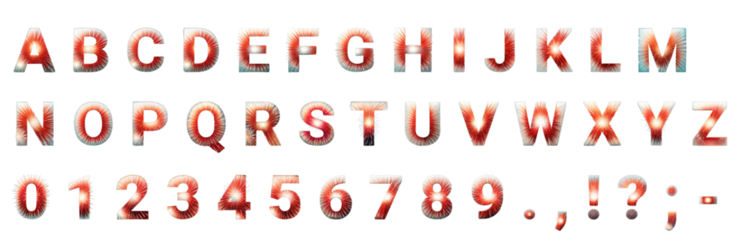 Bright, explosive fireworks form a complete alphabet, numbers, and symbols, perfect for festive graphic design and celebratory messages 