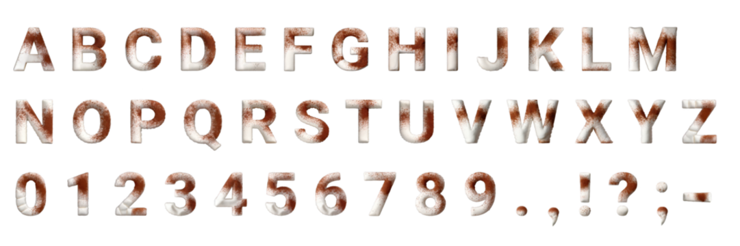 Delicious cocoa-dusted white letter and number set with punctuation on a transparent background. Perfect for confectionery, educational, or creative projects.
