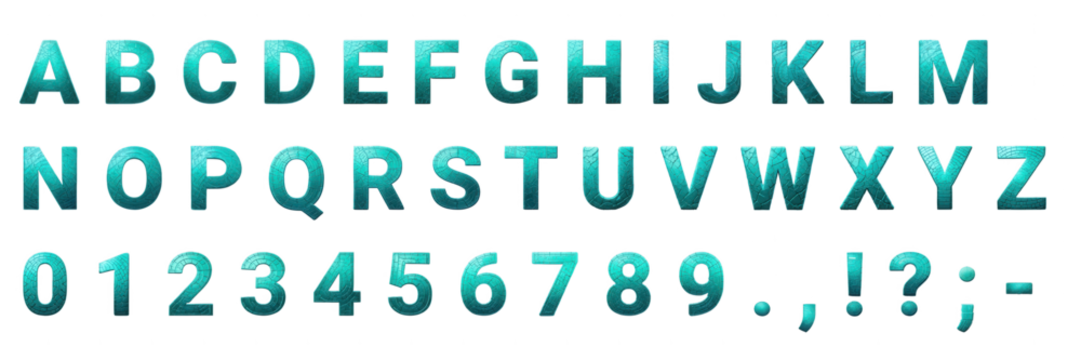 A vibrant, 3D rendered alphabet, numbers, and punctuation set in cracked turquoise texture