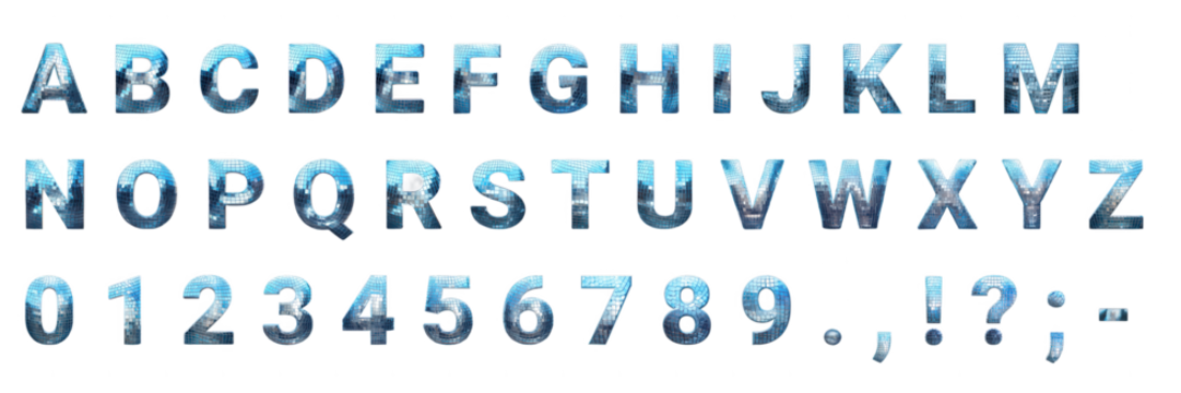 Full uppercase alphabet, numbers, and punctuation in a sparkling blue disco ball style. Isolated on transparent, ideal for retro party or music-themed designs.