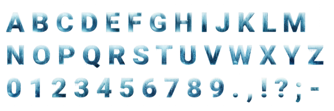 A full set of icy blue alphabet letters, numbers, and punctuation, rendered with frost and icicles on a transparent background, perfect for winter designs.