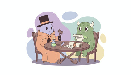 Cute cartoon characters negotiating a magical contract Business fantasy agreement