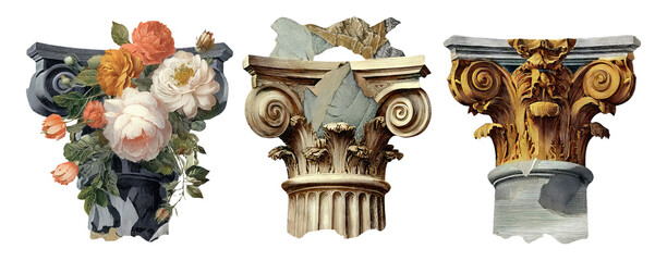 Vintage Floral Collage of Decorative Columns with Retro Elements and Style