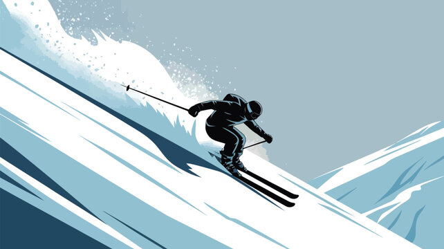 Skiing Silhouette Vector Illustration. Skier on Snowy Mountain