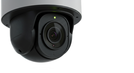 Close up view of a security camera with a green indicator light , transparent png