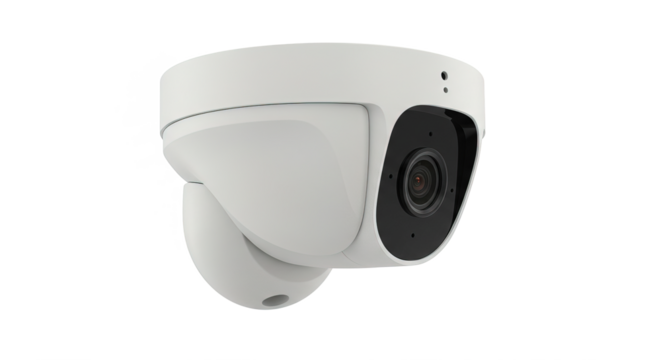 Close up of white and black dome security camera on white background , transparent png