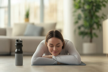 Woman resting on a yoga mat with eyes closed, finding relaxation and balance after exercise, practicing mindfulness and wellness in a comfortable home environment with a water bottle nearby