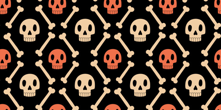 Skull and bones seamless pattern vector illustration. Halloween repeated tile ornament. Holiday design for textile, fabric, packaging, background.