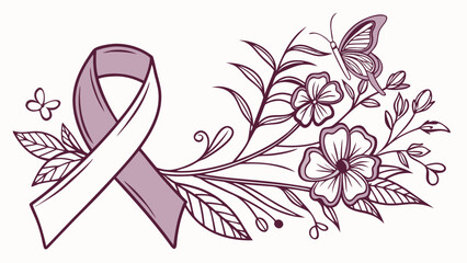 Awareness Ribbon with Floral Design and Butterfly Illustration.