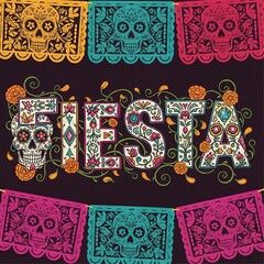 Fiesta text with sugar skulls and papel picado banners no logo use