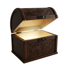 Realistic Open Wooden Treasure Chest with Ornate Details and Glowing Light
