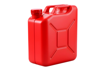 Bright red plastic jerrycan for fuel or liquids isolated on transparent background