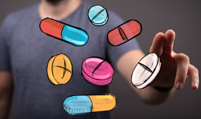 Image of hand interacting with digital pills. Perfect for healthcare, medicine, pharmacy, and technology concepts.
