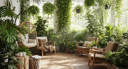 Indoor Oasis - A Lush Greenhouse Retreat with Comfortable Seating.