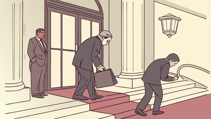 Businessmen entering building elegant entrance professional attire formal setting stairs briefcase escalator corporate office career success ambition arrival departure meeting nego.