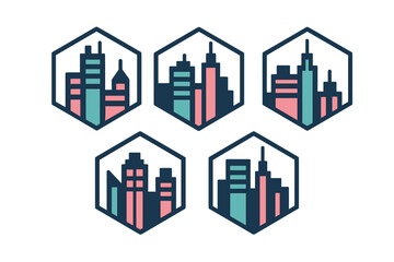 Five modern geometric city skyline icons enclosed in hexagonal frames with teal and pink colors